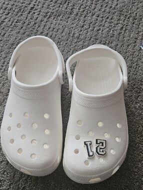 CROCS White Men’s Classic Clog Sandals with Number Toe Charm